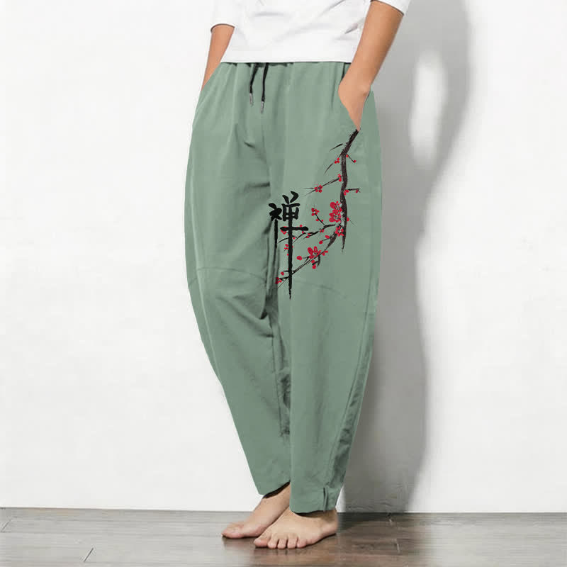 Buddha Stones Pantalon fuselé pour homme en pur coton, motif fleurs de prunier zen, cordon de serrage et poches - image 8