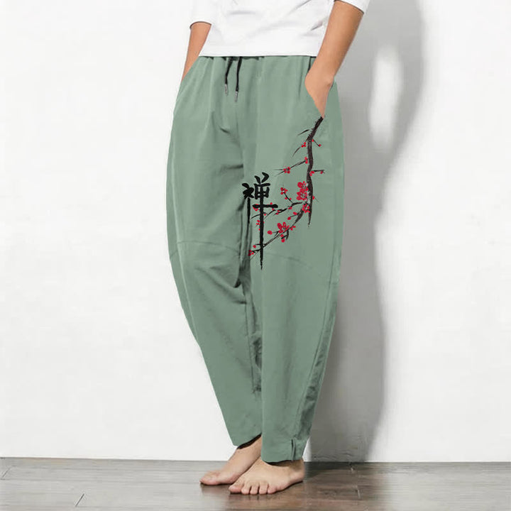 Buddha Stones Pantalon fuselé pour homme en pur coton, motif fleurs de prunier zen, cordon de serrage et poches - image 8