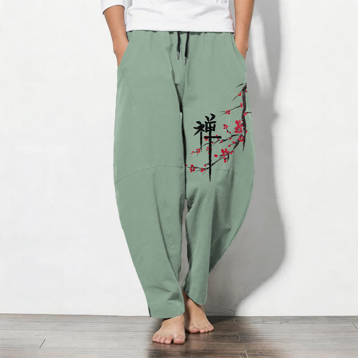 Buddha Stones Pantalon fuselé pour homme en pur coton, motif fleurs de prunier zen, cordon de serrage et poches - Vert foncé - US/UK/AU50，EU60 (5XL) - image 7