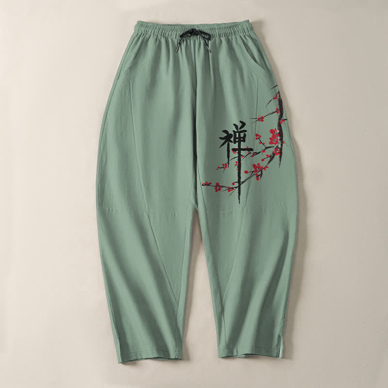 Buddha Stones Pantalon fuselé pour homme en pur coton, motif fleurs de prunier zen, cordon de serrage et poches - image 9