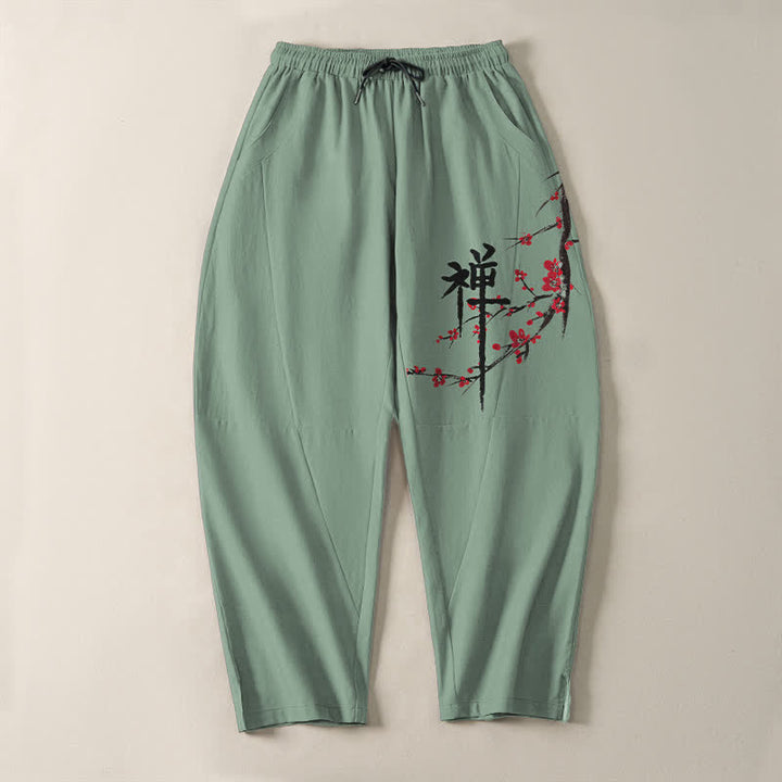 Buddha Stones Pantalon fuselé pour homme en pur coton, motif fleurs de prunier zen, cordon de serrage et poches - image 9