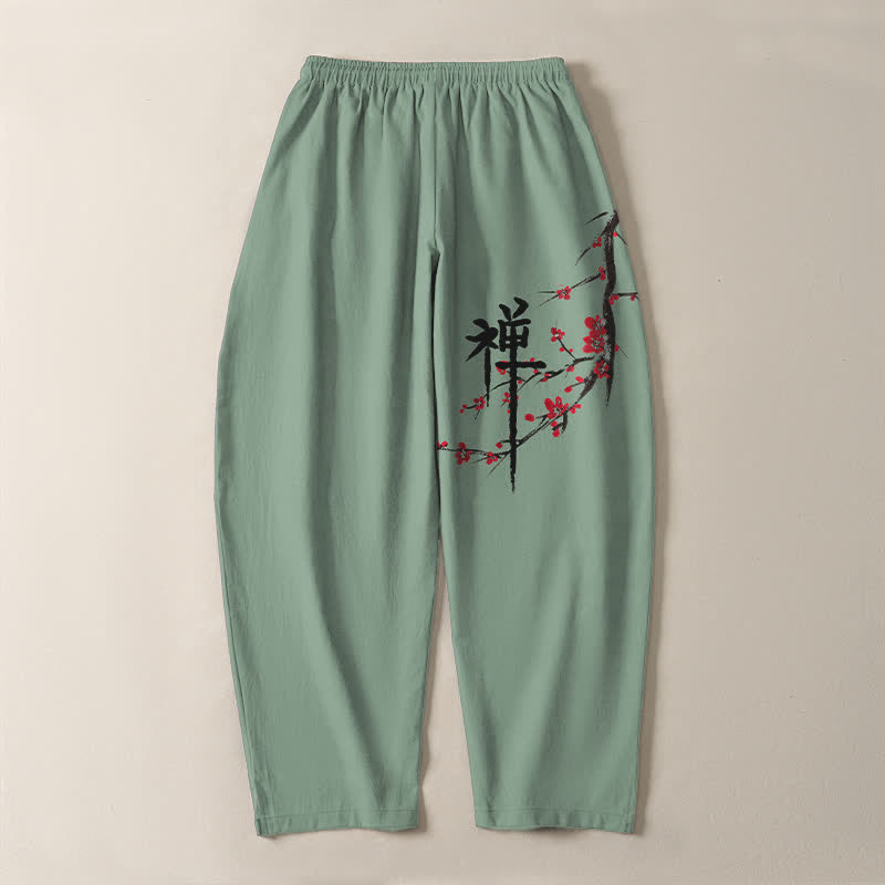 Buddha Stones Pantalon fuselé pour homme en pur coton, motif fleurs de prunier zen, cordon de serrage et poches - image 10
