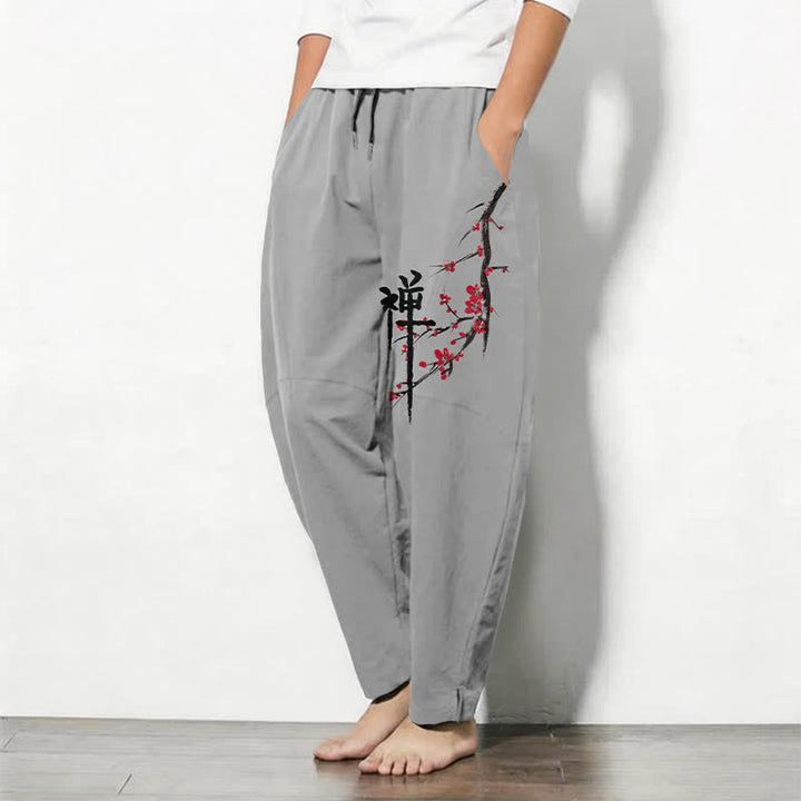 Buddha Stones Pantalon fuselé pour homme en pur coton, motif fleurs de prunier zen, cordon de serrage et poches - image 12