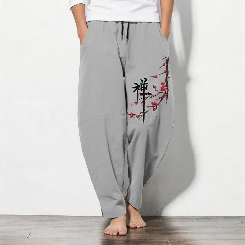 Buddha Stones Pantalon fuselé pour homme en pur coton, motif fleurs de prunier zen, cordon de serrage et poches - Gris clair - US/UK/AU50，EU60 (5XL) - image 11