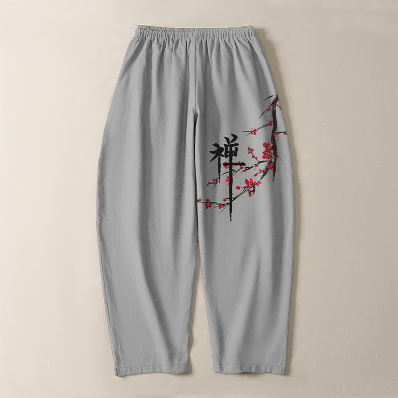 Buddha Stones Pantalon fuselé pour homme en pur coton, motif fleurs de prunier zen, cordon de serrage et poches - image 14