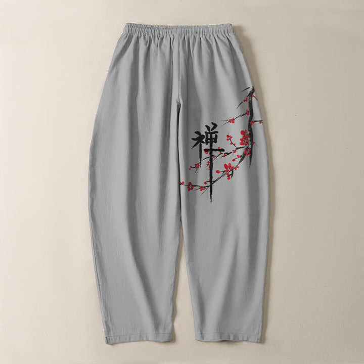 Buddha Stones Pantalon fuselé pour homme en pur coton, motif fleurs de prunier zen, cordon de serrage et poches - image 14