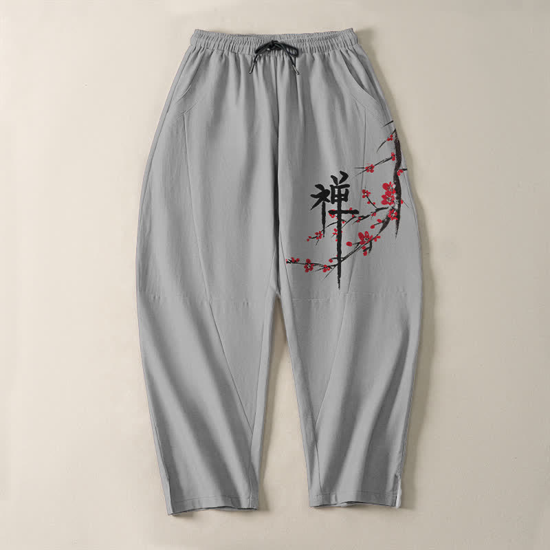 Buddha Stones Pantalon fuselé pour homme en pur coton, motif fleurs de prunier zen, cordon de serrage et poches - image 13