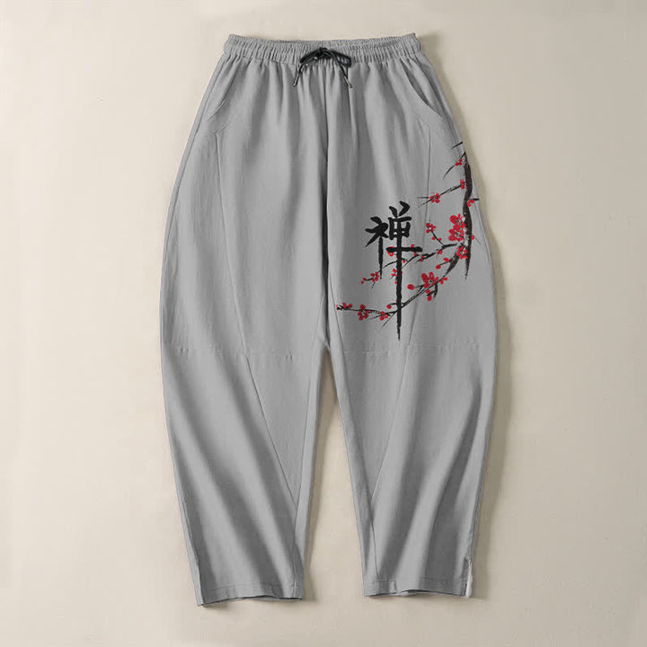Buddha Stones Pantalon fuselé pour homme en pur coton, motif fleurs de prunier zen, cordon de serrage et poches - image 13