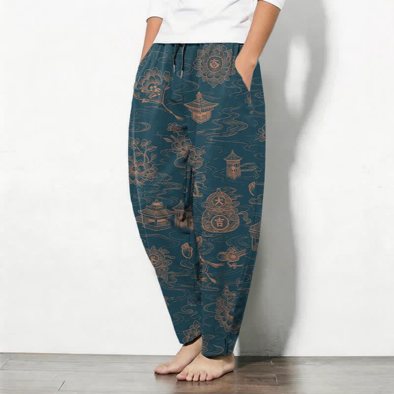 Buddha Stones Pantalon fuselé pour homme en pur coton, motif lotus et nuages, cordon de serrage et poches - image 1