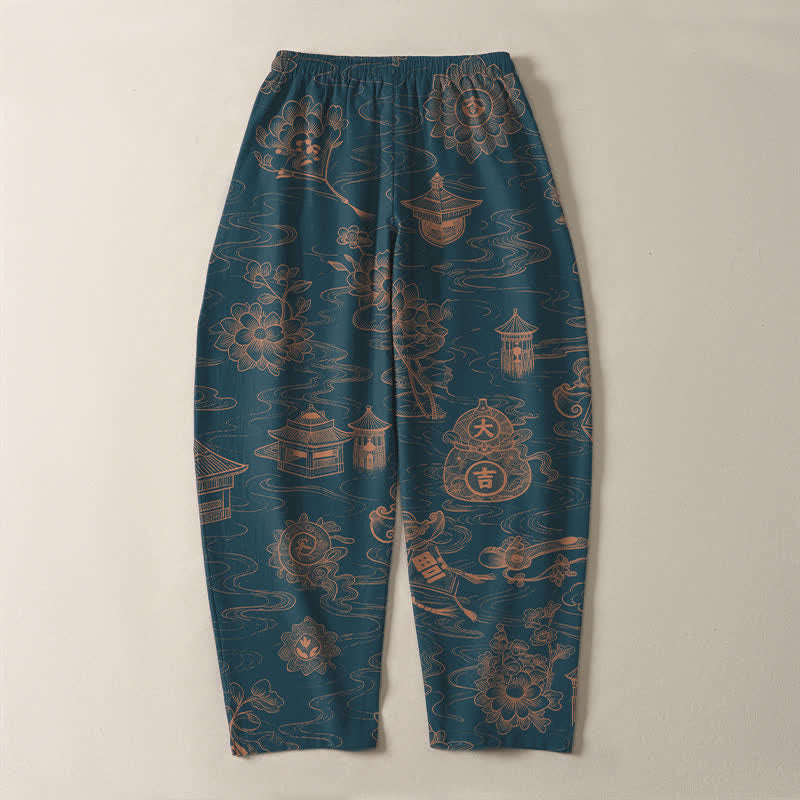Buddha Stones Pantalon fuselé pour homme en pur coton, motif lotus et nuages, cordon de serrage et poches - image 3