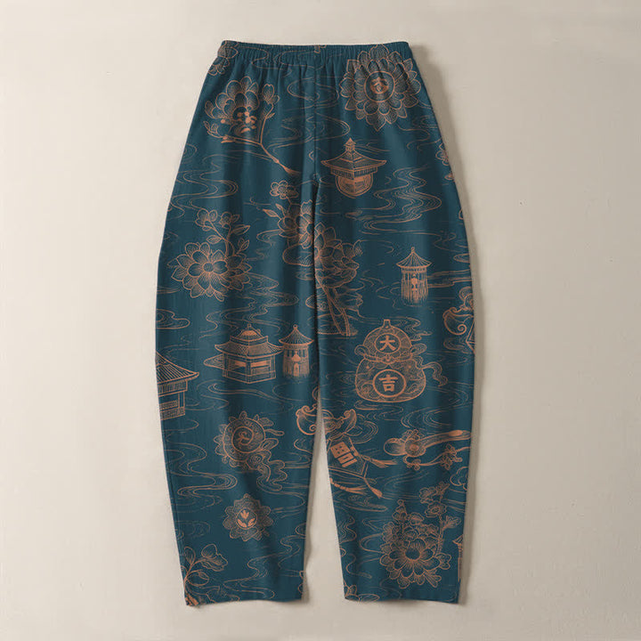 Buddha Stones Pantalon fuselé pour homme en pur coton, motif lotus et nuages, cordon de serrage et poches - image 3