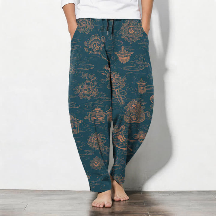 Buddha Stones Pantalon fuselé pour homme en pur coton, motif lotus et nuages, cordon de serrage et poches - Sarcelle - US/UK/AU50，EU60 (5XL) - image 0