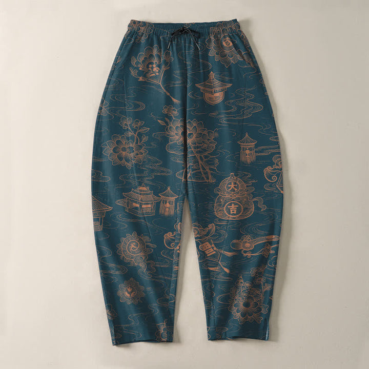 Buddha Stones Pantalon fuselé pour homme en pur coton, motif lotus et nuages, cordon de serrage et poches - image 2