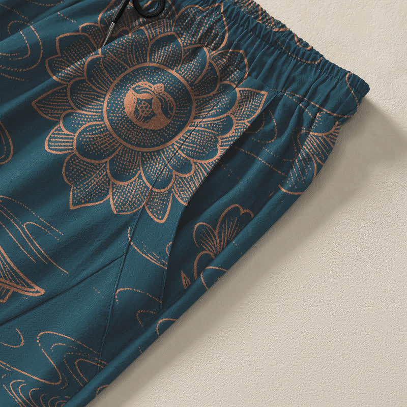 Buddha Stones Pantalon fuselé pour homme en pur coton, motif lotus et nuages, cordon de serrage et poches - image 4
