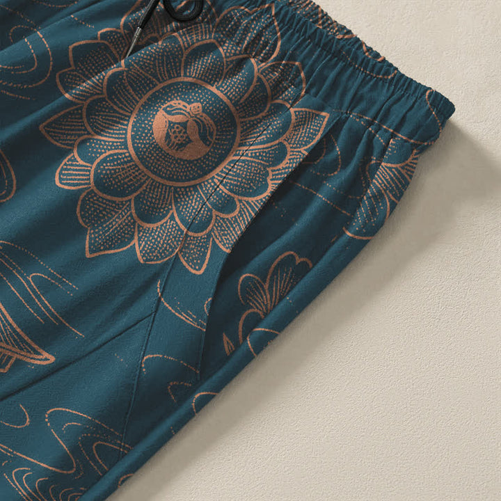 Buddha Stones Pantalon fuselé pour homme en pur coton, motif lotus et nuages, cordon de serrage et poches - image 4