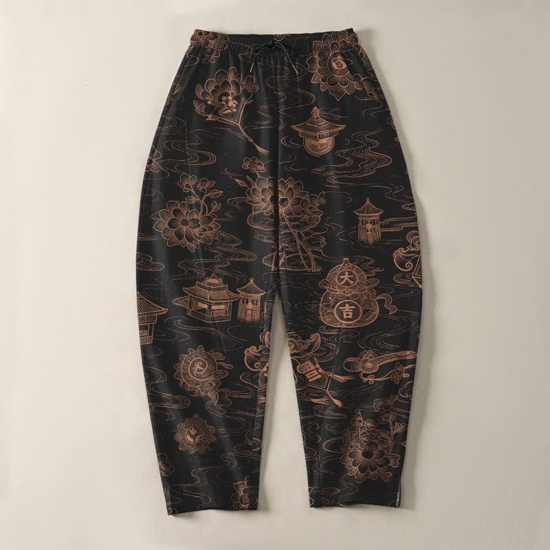 Buddha Stones Pantalon fuselé pour homme en pur coton, motif lotus et nuages, cordon de serrage et poches - image 9