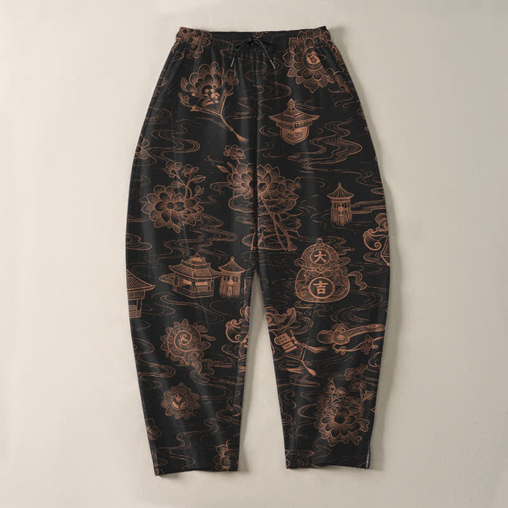 Buddha Stones Pantalon fuselé pour homme en pur coton, motif lotus et nuages, cordon de serrage et poches - image 9