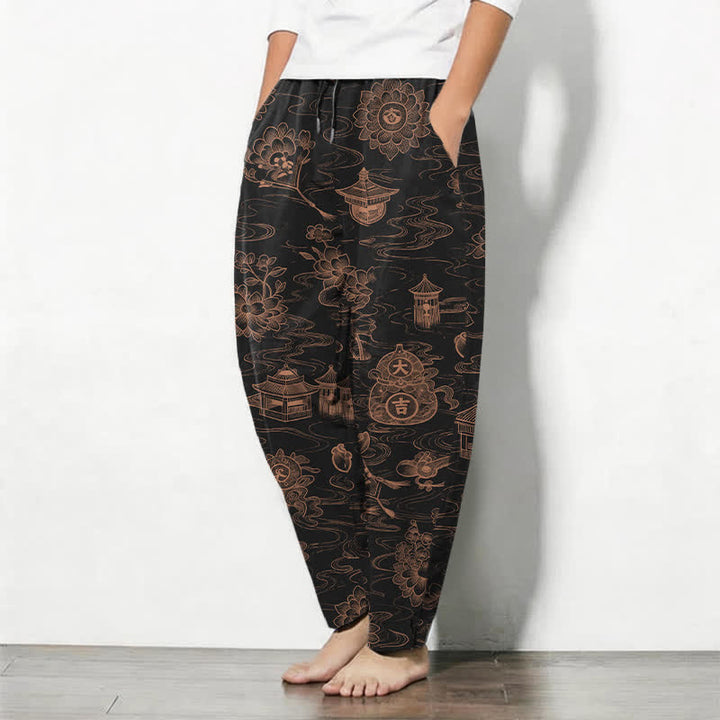 Buddha Stones Pantalon fuselé pour homme en pur coton, motif lotus et nuages, cordon de serrage et poches - image 8
