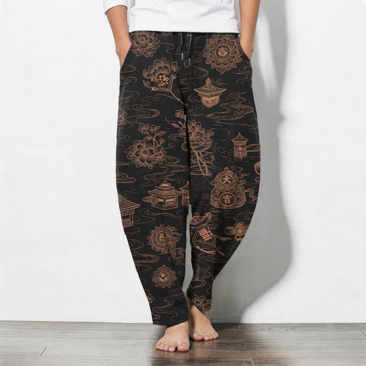 Buddha Stones Pantalon fuselé pour homme en pur coton, motif lotus et nuages, cordon de serrage et poches - Noir - US/UK/AU50，EU60 (5XL) - image 7