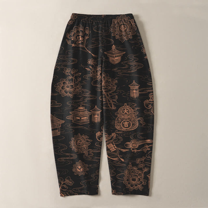 Buddha Stones Pantalon fuselé pour homme en pur coton, motif lotus et nuages, cordon de serrage et poches - image 10