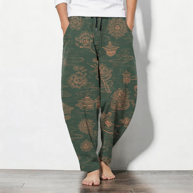 Buddha Stones Pantalon fuselé pour homme en pur coton, motif lotus et nuages, cordon de serrage et poches - Vert foncé - US/UK/AU50，EU60 (5XL) - image 11