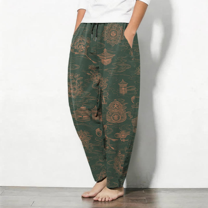 Buddha Stones Pantalon fuselé pour homme en pur coton, motif lotus et nuages, cordon de serrage et poches - image 12