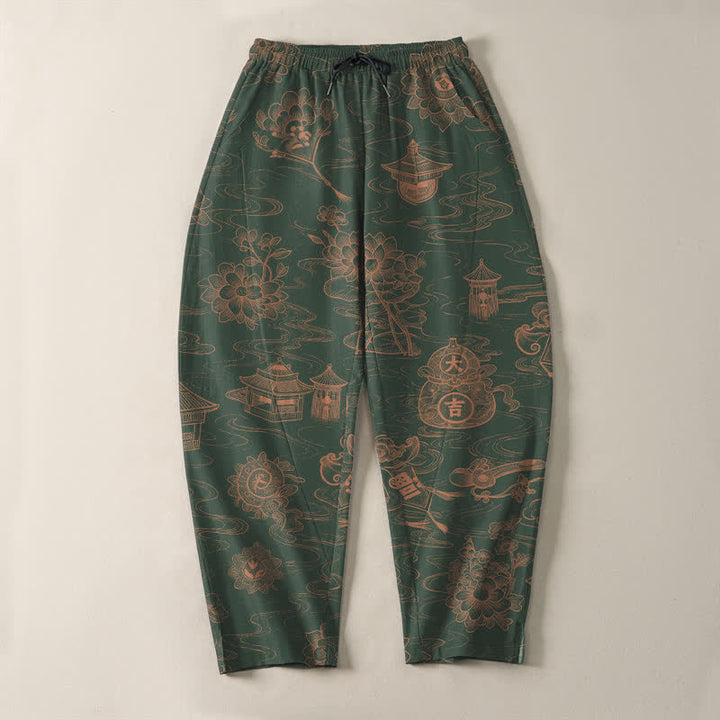 Buddha Stones Pantalon fuselé pour homme en pur coton, motif lotus et nuages, cordon de serrage et poches - image 13