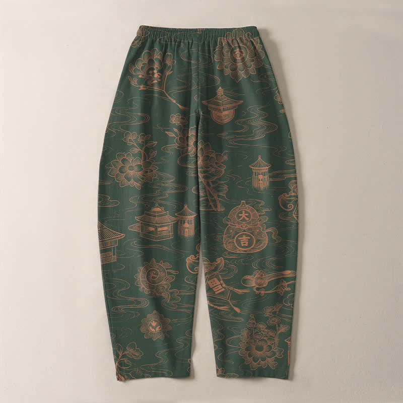 Buddha Stones Pantalon fuselé pour homme en pur coton, motif lotus et nuages, cordon de serrage et poches - image 14