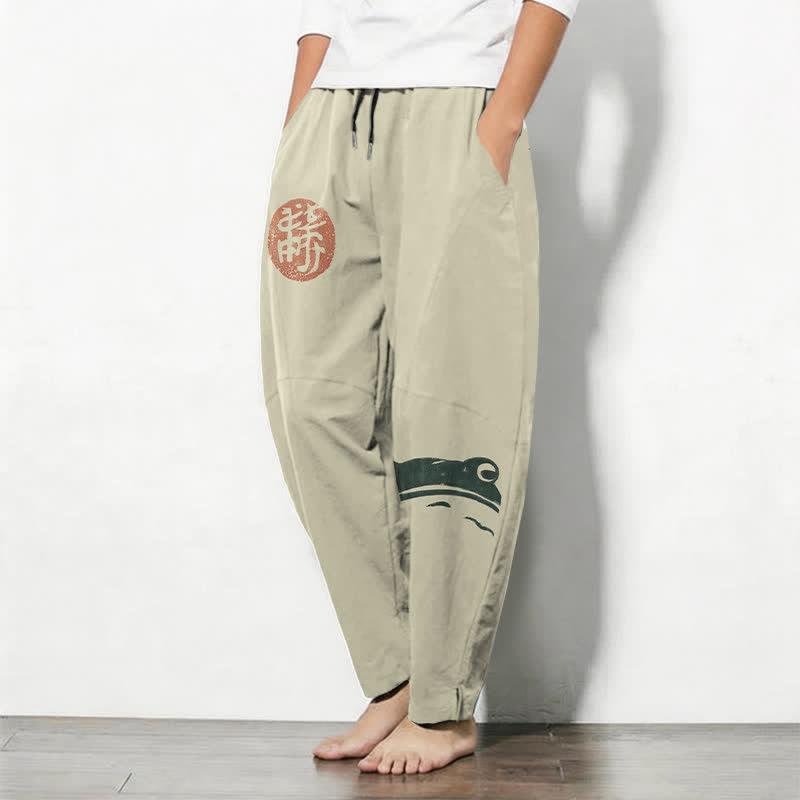 Buddha Stones Pantalon fuselé pour homme en pur coton avec cordon de serrage, motif grenouille phoque et poches - image 1