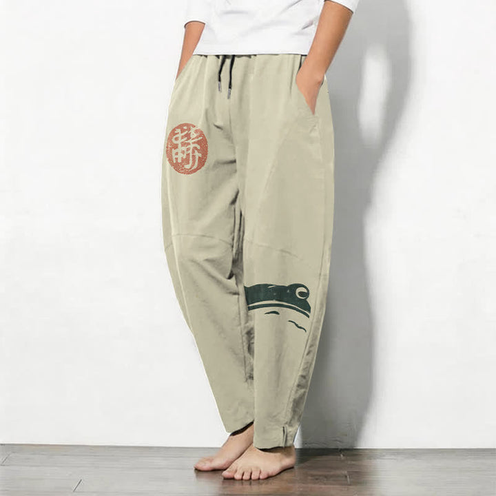 Buddha Stones Pantalon fuselé pour homme en pur coton avec cordon de serrage, motif grenouille phoque et poches - image 1