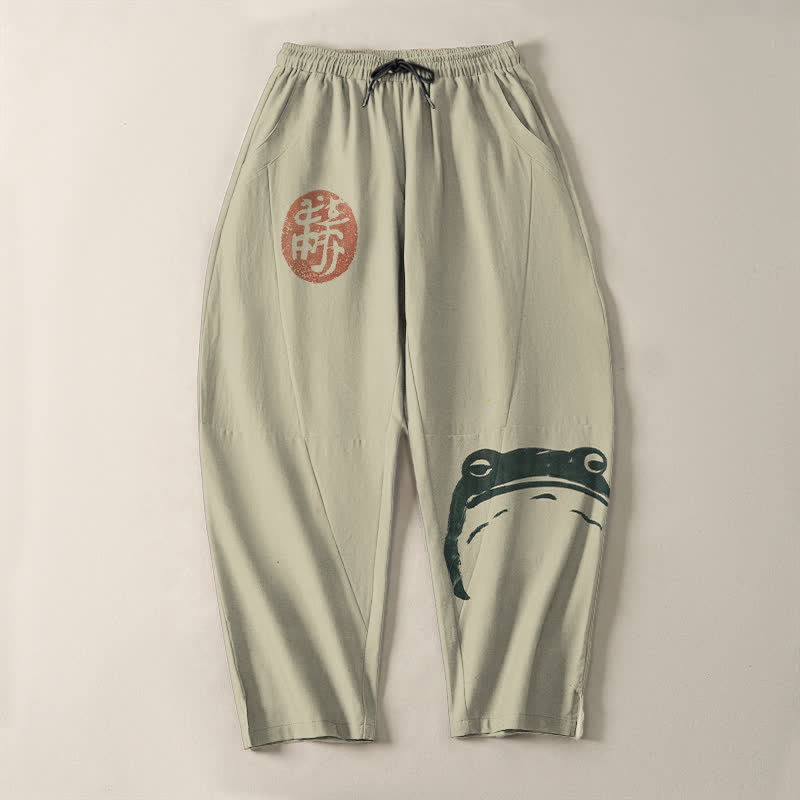 Buddha Stones Pantalon fuselé pour homme en pur coton avec cordon de serrage, motif grenouille phoque et poches - image 2