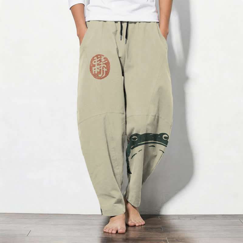 Buddha Stones Pantalon fuselé pour homme en pur coton avec cordon de serrage, motif grenouille phoque et poches - Beige - US/UK/AU50，EU60 (5XL) - image 0