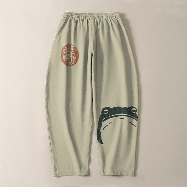 Buddha Stones Pantalon fuselé pour homme en pur coton avec cordon de serrage, motif grenouille phoque et poches - image 3
