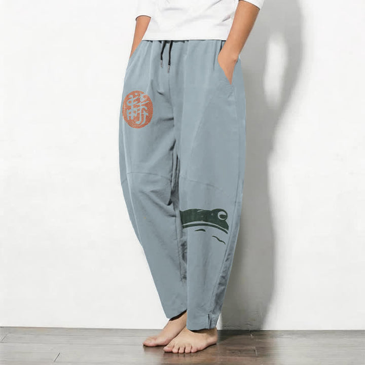 Buddha Stones Pantalon fuselé pour homme en pur coton avec cordon de serrage, motif grenouille phoque et poches - image 8
