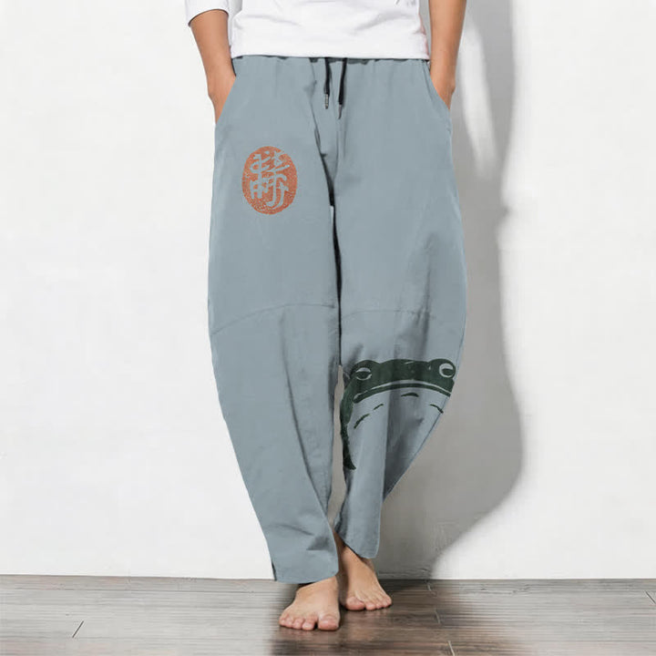 Buddha Stones Pantalon fuselé pour homme en pur coton avec cordon de serrage, motif grenouille phoque et poches - Bleu acier clair - US/UK/AU50，EU60 (5XL) - image 7