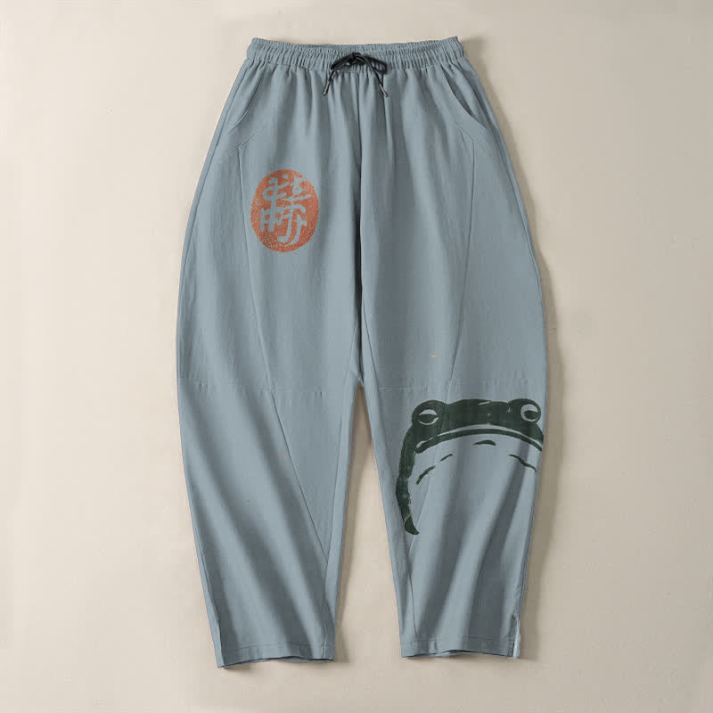 Buddha Stones Pantalon fuselé pour homme en pur coton avec cordon de serrage, motif grenouille phoque et poches - image 9