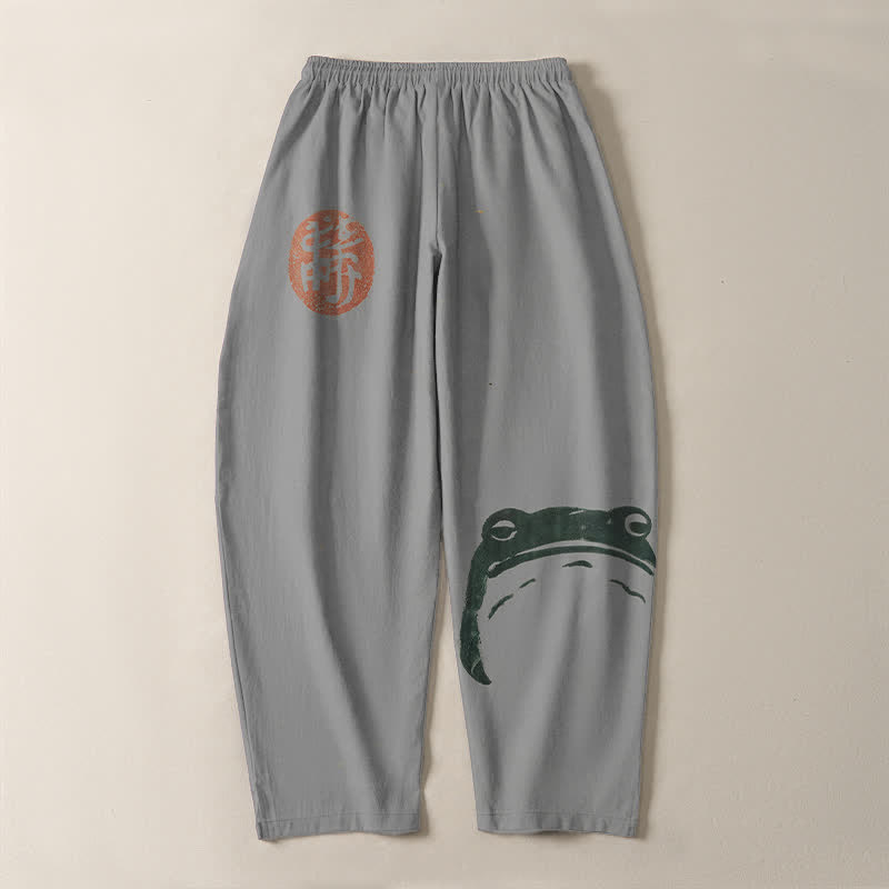 Buddha Stones Pantalon fuselé pour homme en pur coton avec cordon de serrage, motif grenouille phoque et poches - image 14