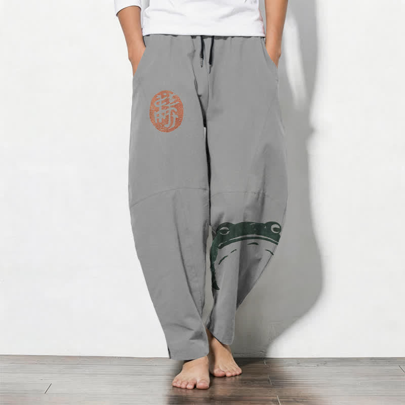 Buddha Stones Pantalon fuselé pour homme en pur coton avec cordon de serrage, motif grenouille phoque et poches - Gris clair - US/UK/AU50，EU60 (5XL) - image 11