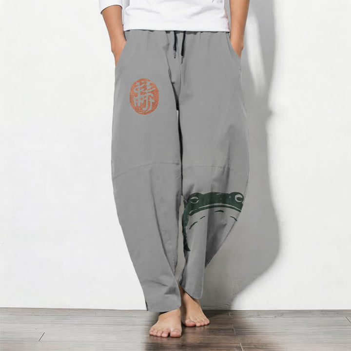 Buddha Stones Pantalon fuselé pour homme en pur coton avec cordon de serrage, motif grenouille phoque et poches - Gris clair - US/UK/AU50，EU60 (5XL) - image 11