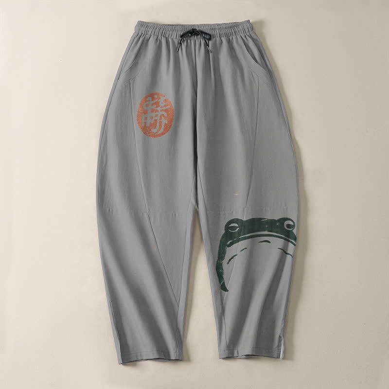 Buddha Stones Pantalon fuselé pour homme en pur coton avec cordon de serrage, motif grenouille phoque et poches - image 13