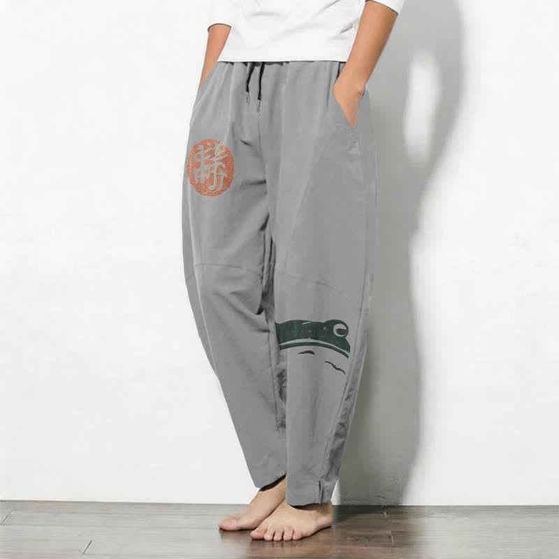 Buddha Stones Pantalon fuselé pour homme en pur coton avec cordon de serrage, motif grenouille phoque et poches - image 12