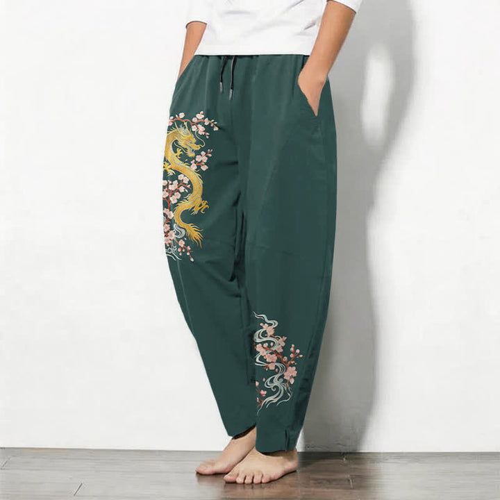 Buddha Stones Pantalon fuselé pour homme en pur coton, motif fleur de dragon dorée, cordon de serrage et poches - image 1