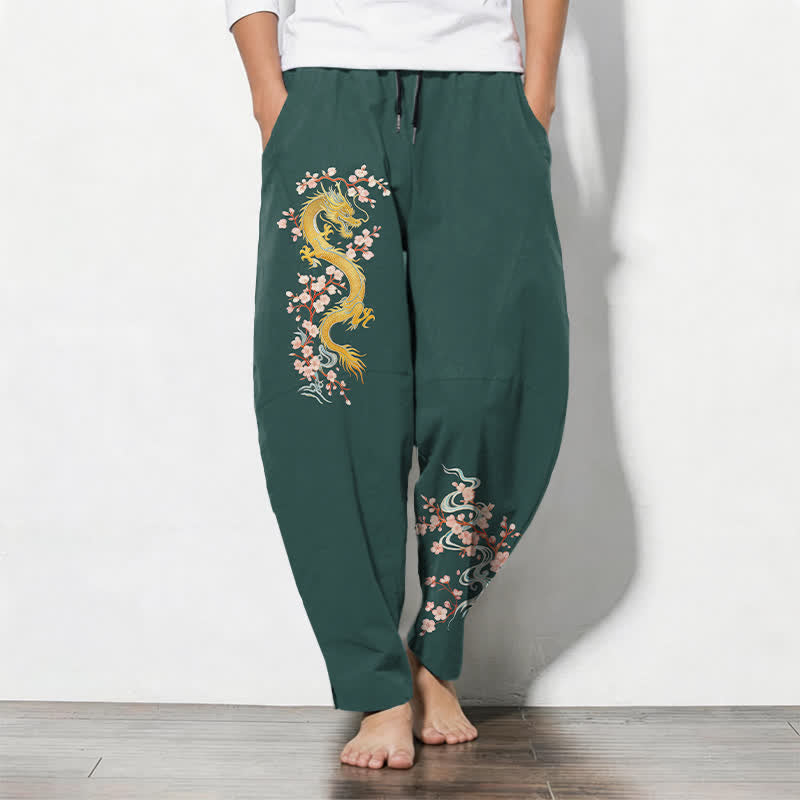 Buddha Stones Pantalon fuselé pour homme en pur coton, motif fleur de dragon dorée, cordon de serrage et poches - Vert d'eau - US/UK/AU50，EU60 (5XL) - image 0