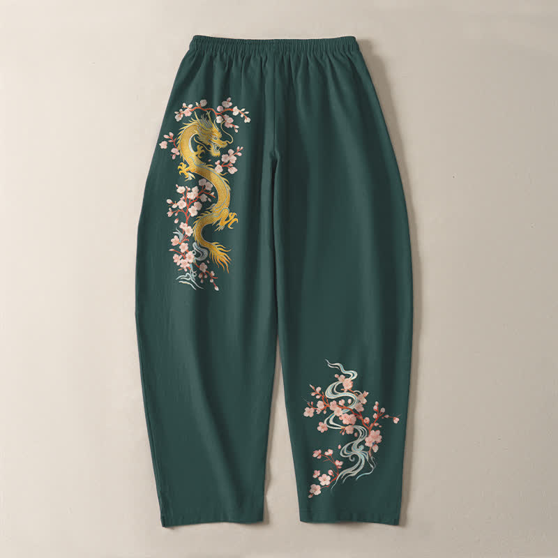 Buddha Stones Pantalon fuselé pour homme en pur coton, motif fleur de dragon dorée, cordon de serrage et poches - image 3