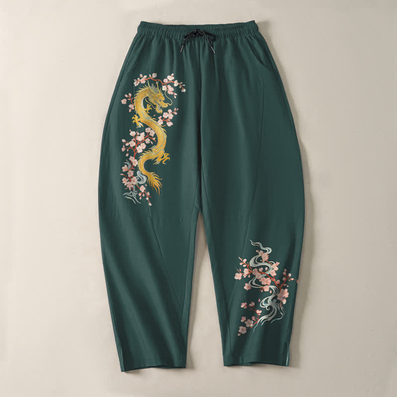Buddha Stones Pantalon fuselé pour homme en pur coton, motif fleur de dragon dorée, cordon de serrage et poches - image 2