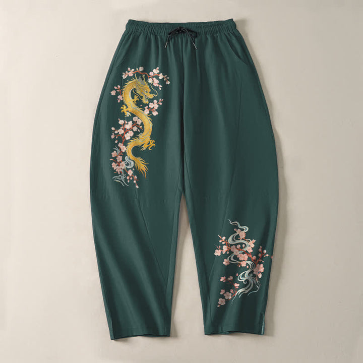 Buddha Stones Pantalon fuselé pour homme en pur coton, motif fleur de dragon dorée, cordon de serrage et poches - image 2