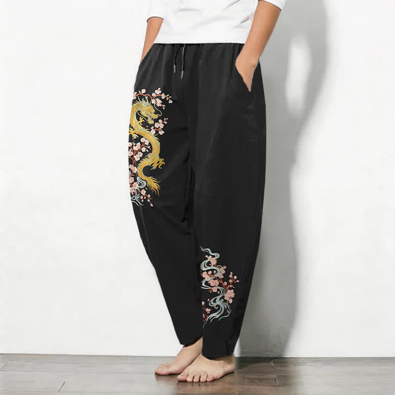 Buddha Stones Pantalon fuselé pour homme en pur coton, motif fleur de dragon dorée, cordon de serrage et poches - image 8