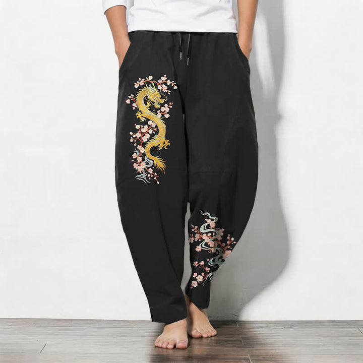 Buddha Stones Pantalon fuselé pour homme en pur coton, motif fleur de dragon dorée, cordon de serrage et poches - Noir - US/UK/AU50，EU60 (5XL) - image 7