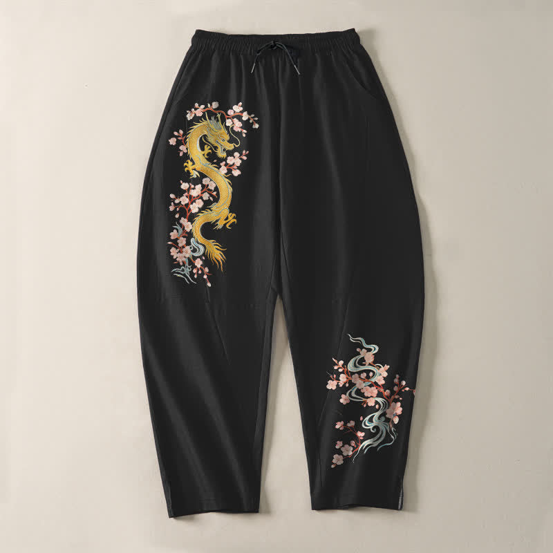Buddha Stones Pantalon fuselé pour homme en pur coton, motif fleur de dragon dorée, cordon de serrage et poches - image 9