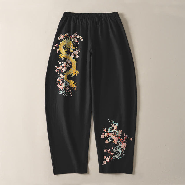 Buddha Stones Pantalon fuselé pour homme en pur coton, motif fleur de dragon dorée, cordon de serrage et poches - image 10